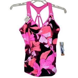 NWT ZeroXposure tropical print pink strappy racerback tankini top size small